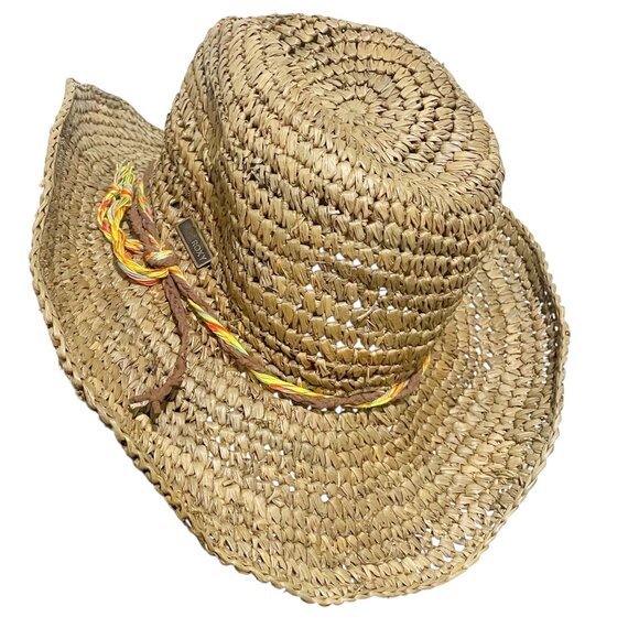 ROXY Brown Straw Sun Beach Festival Hat with Braided Colorful Band S / M Cowgirl - Picture 1 of 7